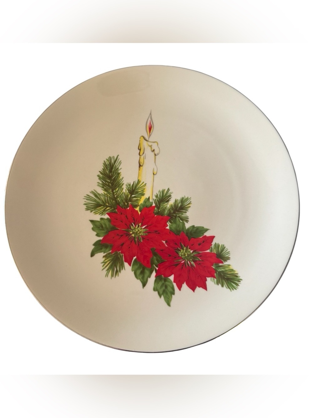 Vintage Christmas Plate Poinsettia Candle Silver Trim 10.5”